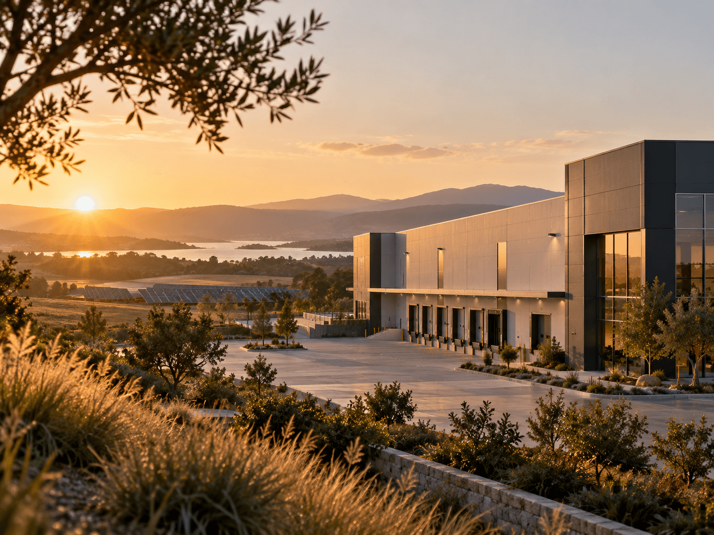 Modern industrial building and solar array overlooking hills and a lake at sunset
