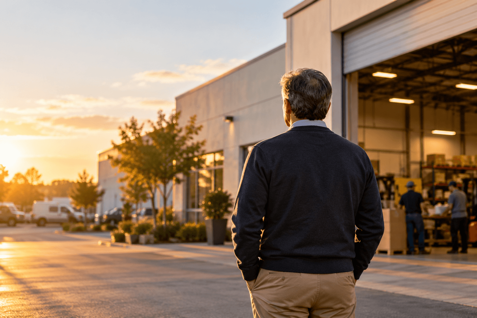 Business owner standing outside a warehouse at sunset, looking toward the open loading bay