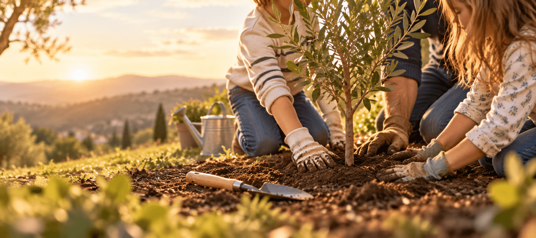 Family planting a young olive tree together on a hillside at sunset