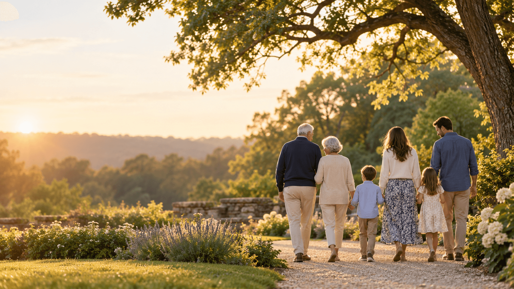 Three generations of a family walking together along a garden path at sunset