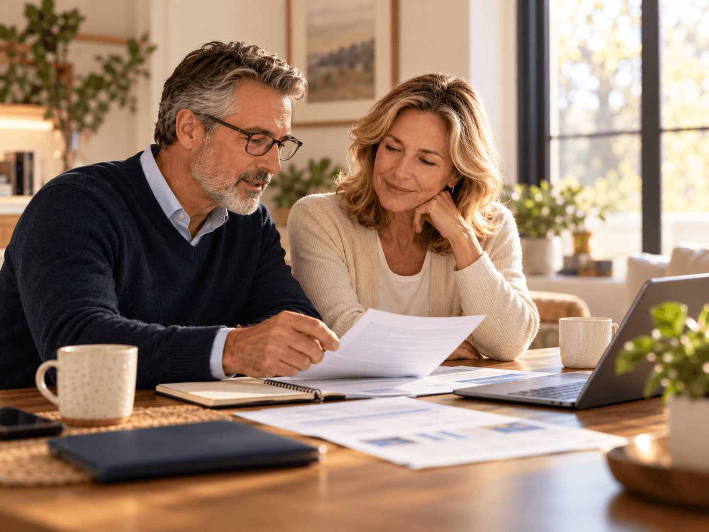 A couple reviewing financial documents together at a sunlit kitchen table