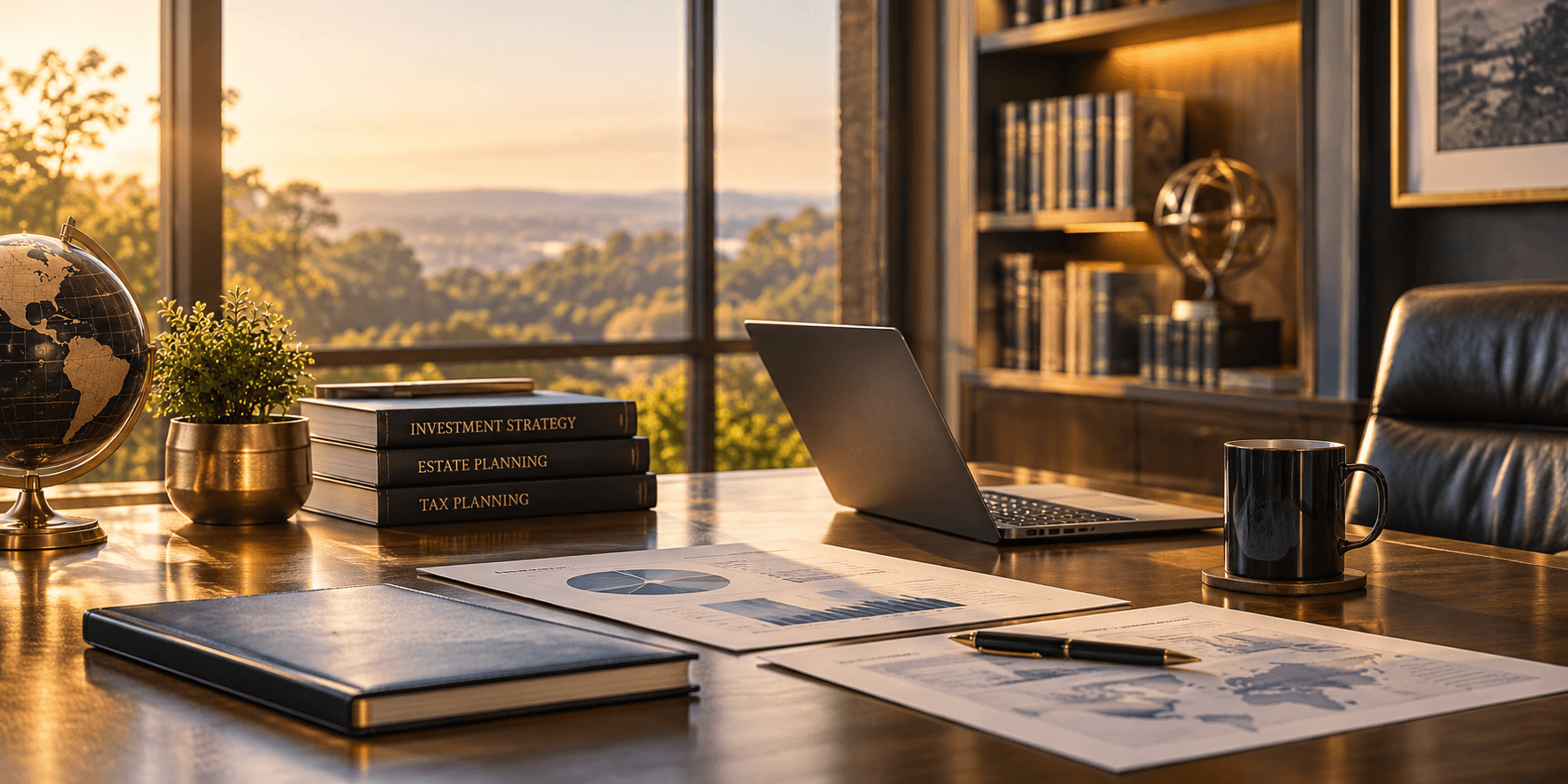 Sunlit executive desk with planning books, a laptop, and financial reports, overlooking a wooded valley