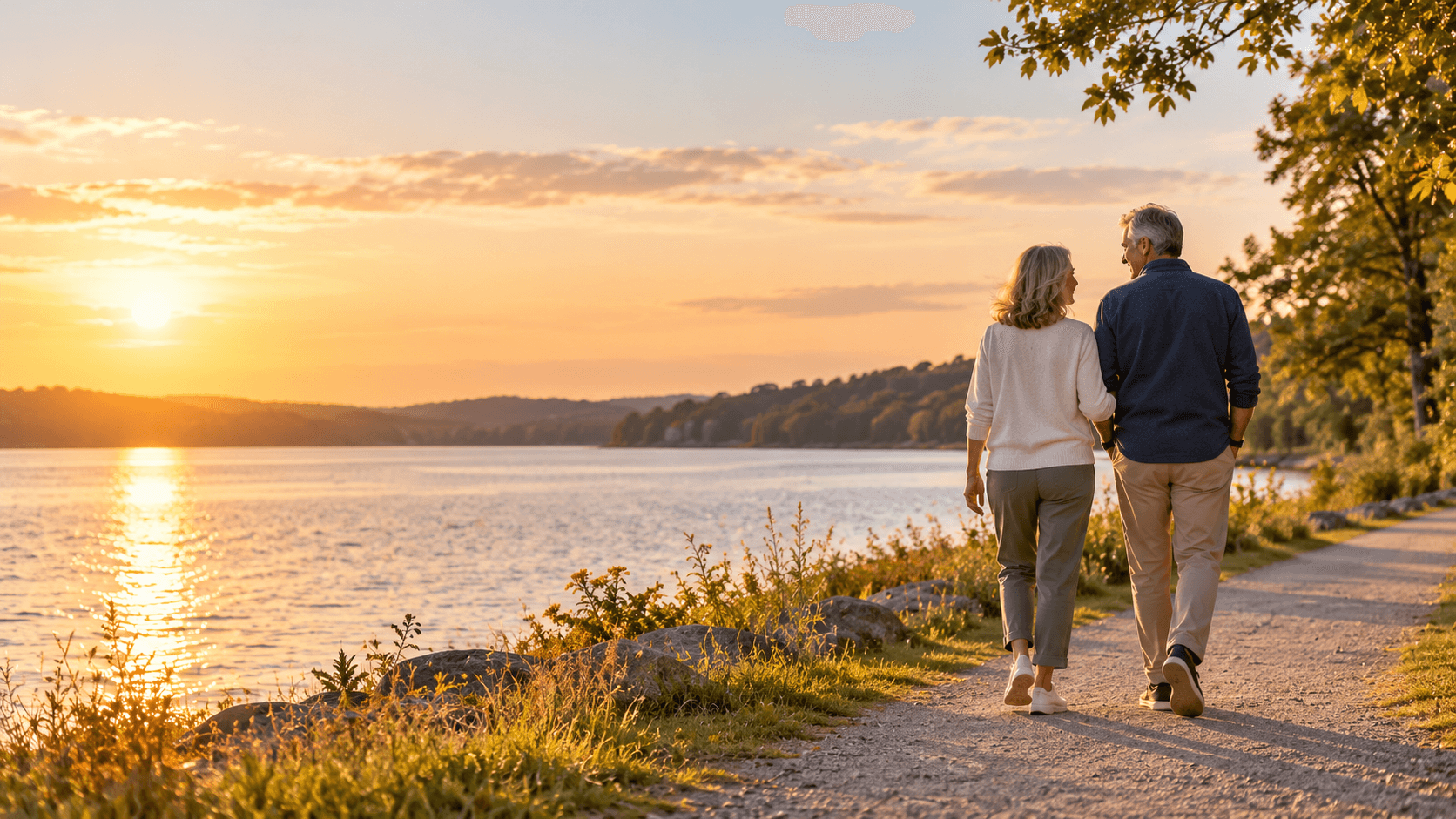 Couple walking arm in arm along a lakeside path at sunset