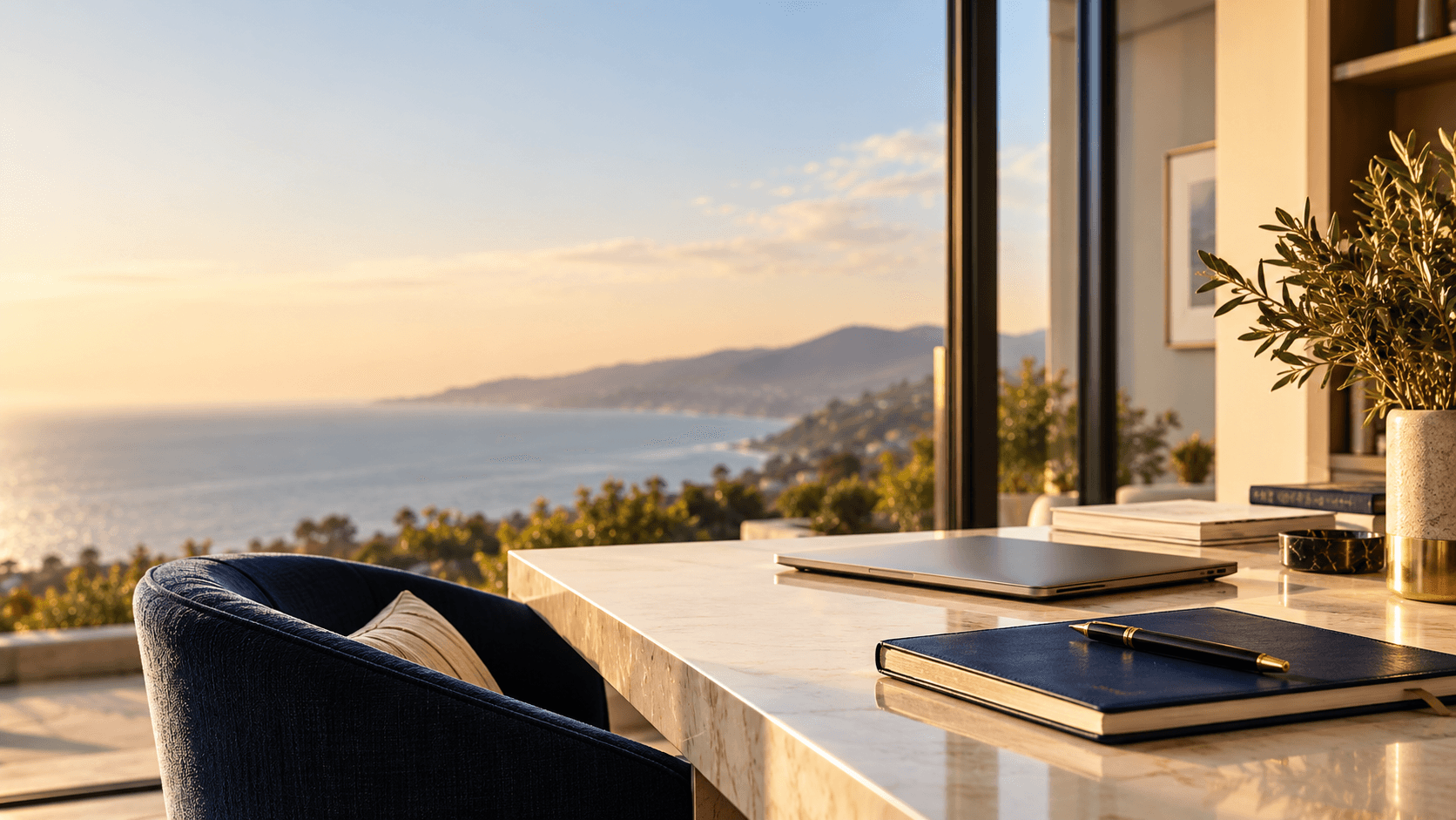 Sunlit desk with a navy notebook and pen overlooking the coastline